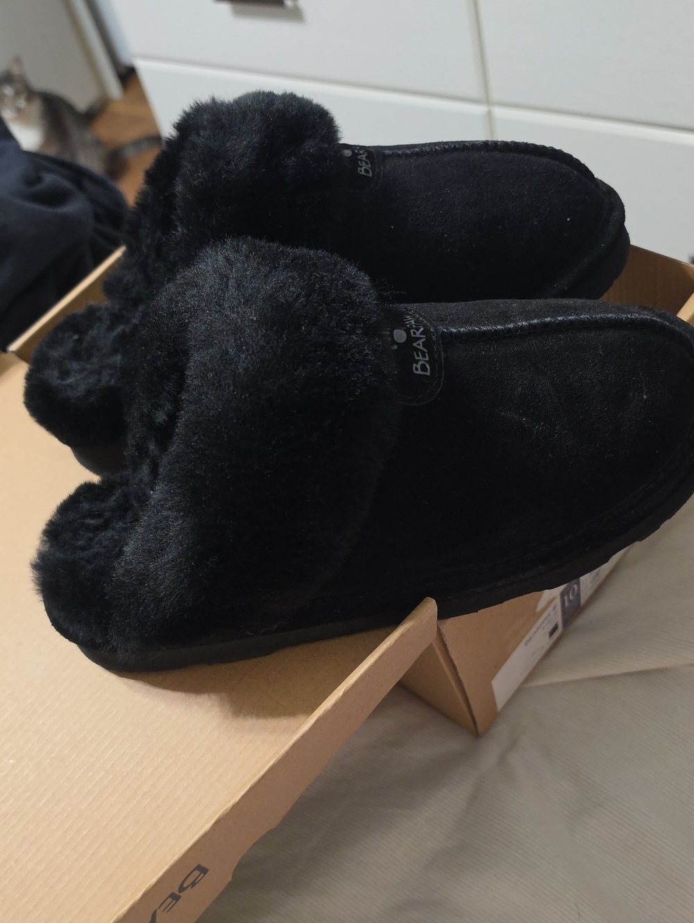 BearPaw Black Plush Faux-Fur Clog Slippers